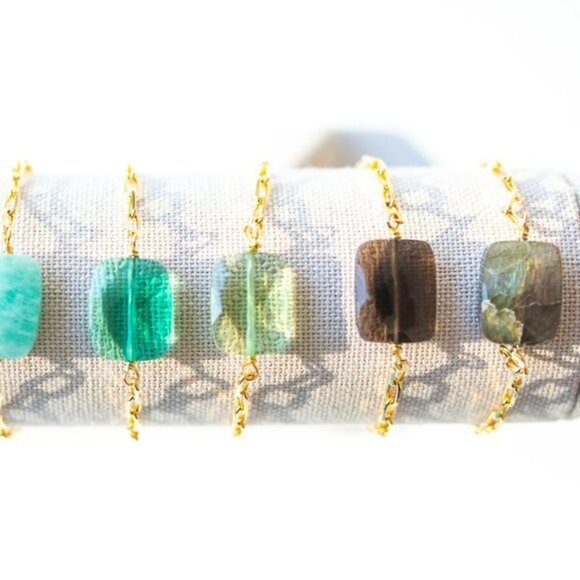 Green Apatite Gemstone Bracelet Gold Paperclip Chain Bracelet BEAUTIFUL - Picture 4 of 6